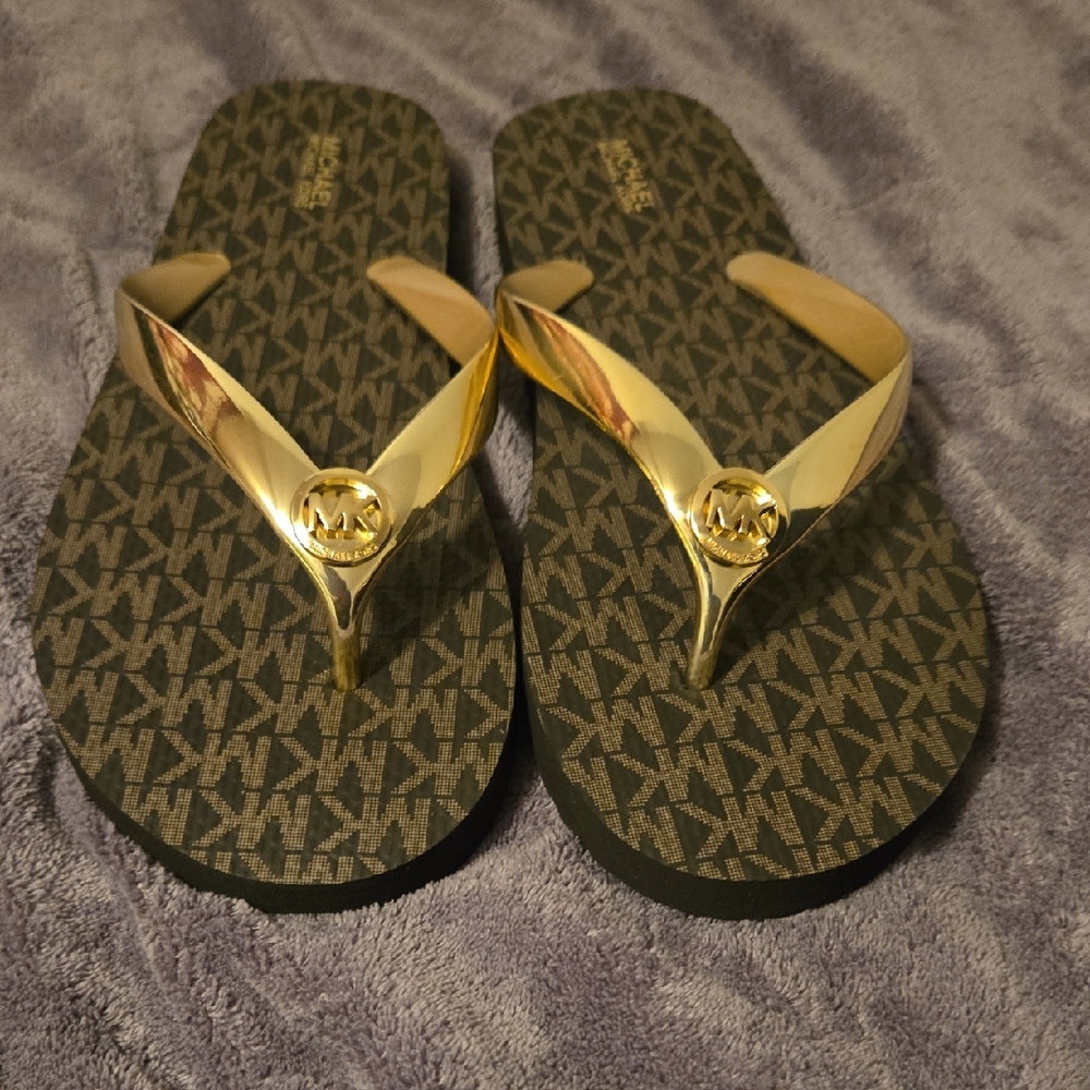 Michael Kors Brown and Gold Flip Flops